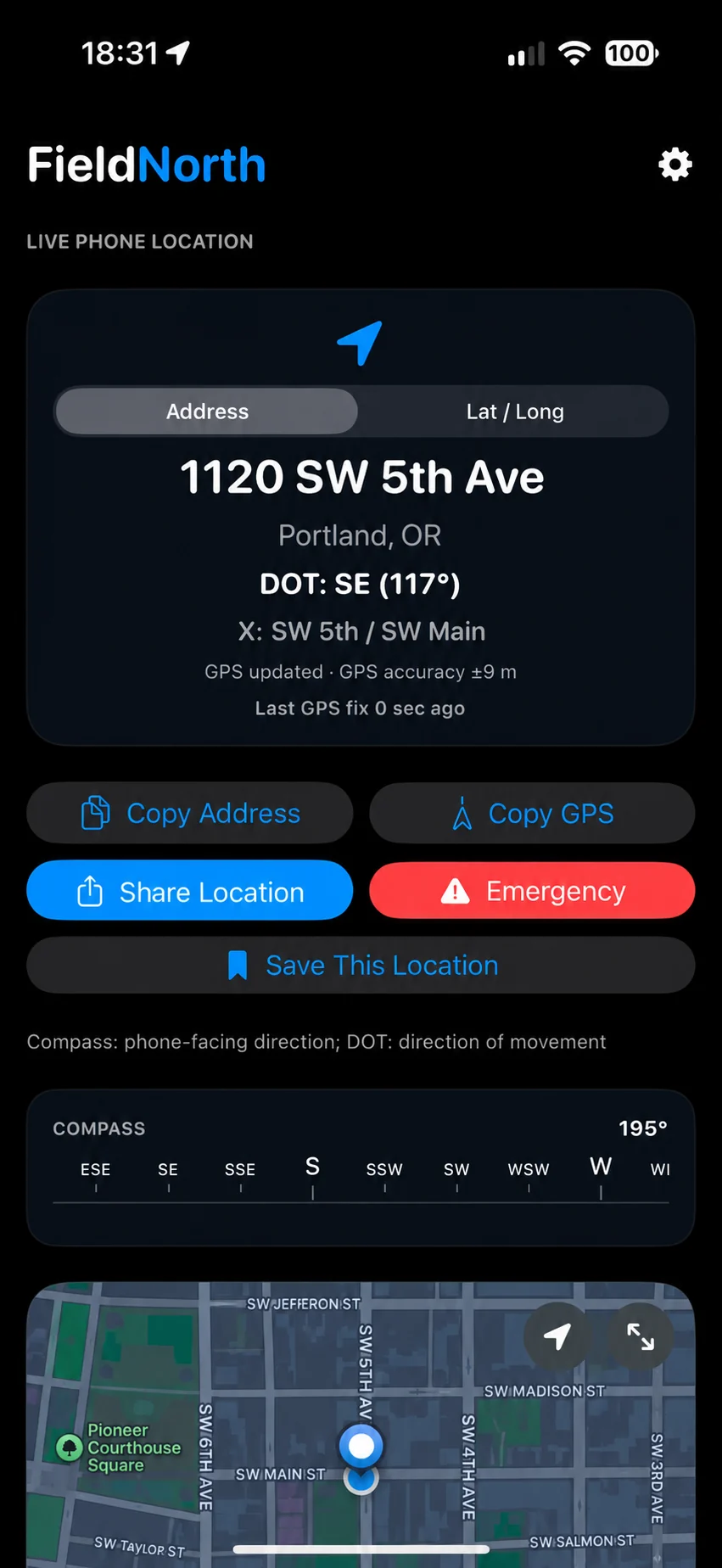 Illustrative FieldNorth iPhone screen showing 1120 SW 5th Ave, Portland, Oregon, with a nearby map at SW Main Street